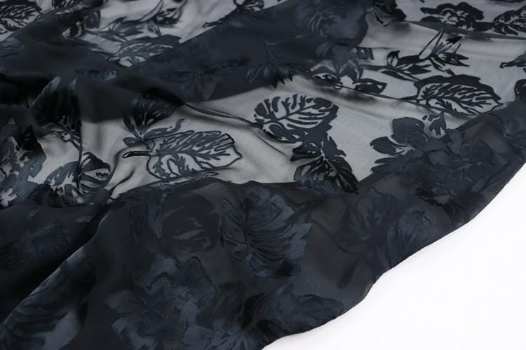 SHUYE - Black Leaves Print Sheer Burnout Silk Devore Satin Fabric - 140cm wide by the Yard