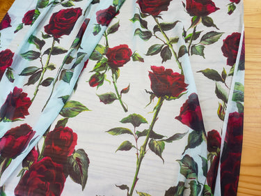 HONGMG - 10 Momme Red Rose on Light Blue Silk Chiffon Fabric - 130cm wide by the Yard