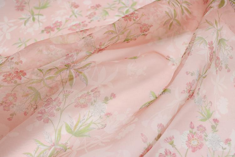 JFHOGT - 6 Momme Blue Silk Organza with Floral Print Silk Fabric - 137cm wide By the Yard