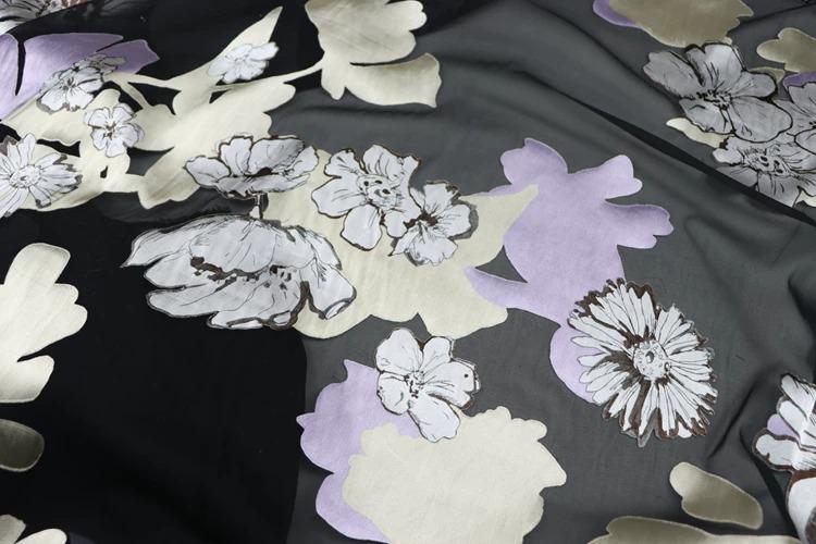JFHHDHR - Silk Devore Satin Fabric, 16 Momme Black Burnout Big Floral , 130 cm Wide by the Yard