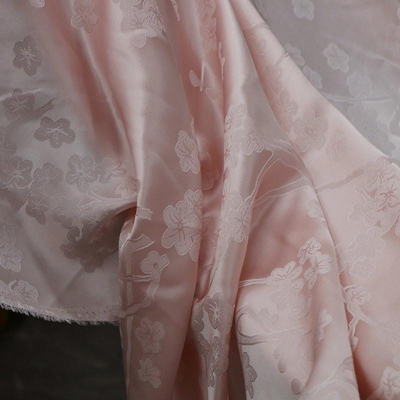 MKAIBX - 19 Momme Handmade Pink Plum Jacquard Sangbo Satin Silk Fabric - 135cm wide by the Yard
