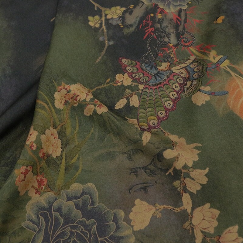 DIEXIMD - 28 Momme Peony Butterfly Print Double-Sided Satin Mud Silk Fabric - 108cm wide by the Yard