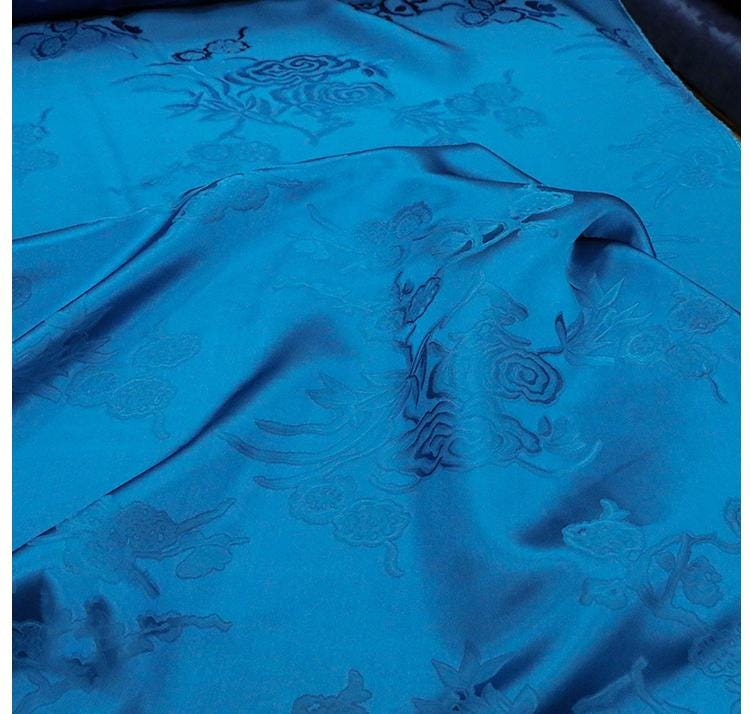 BAOSLN - 25 Momme Unique Cavansite Blue Jacquard SangBo Silk Satin Fabric - 137cm by the Yard