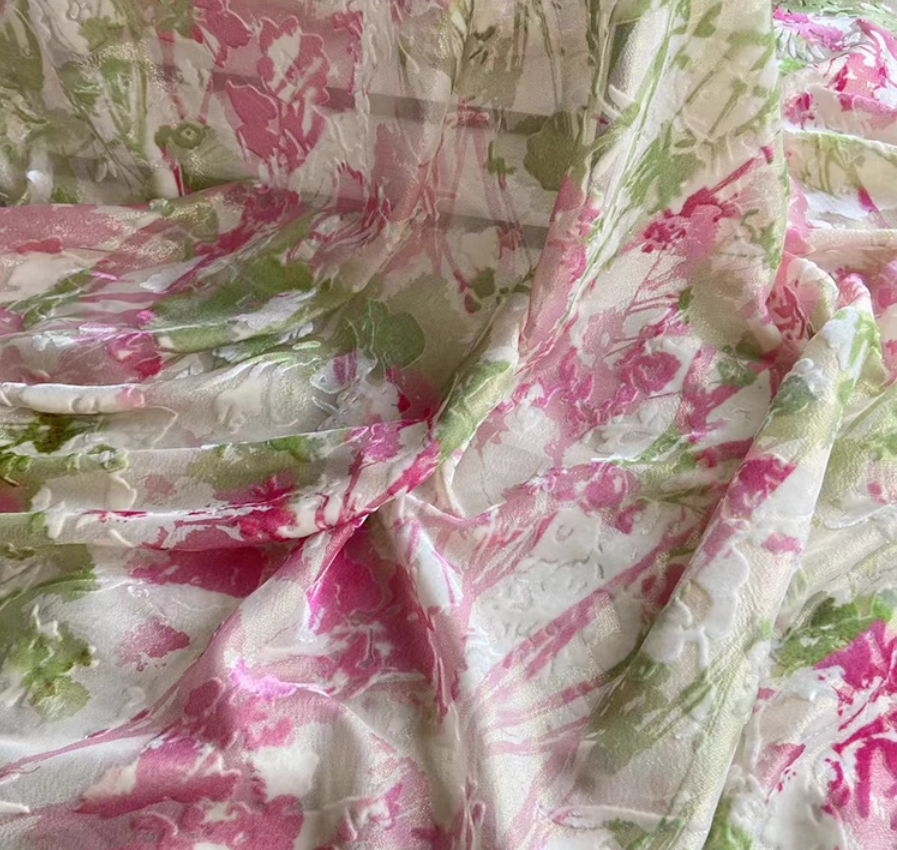 FENJIN - Pink and Green Color-Block Paisley Printing Silk Velvet Fabric - 140cm wide by the Yard