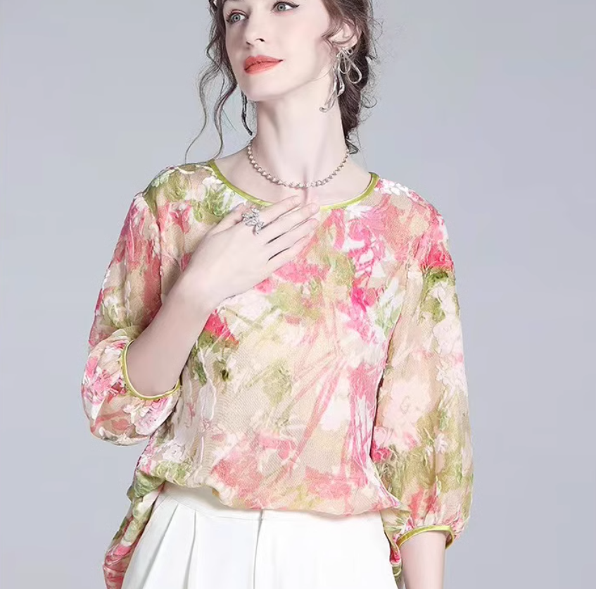 FENJIN - Pink and Green Color-Block Paisley Printing Silk Velvet Fabric - 140cm wide by the Yard