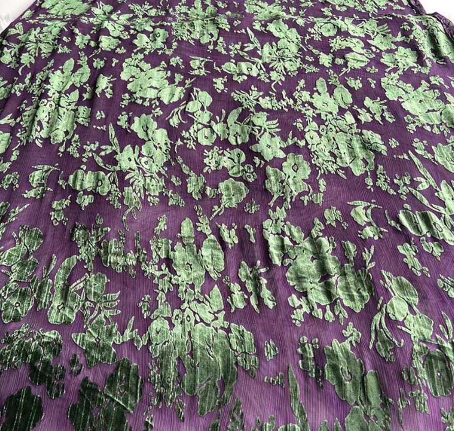 VTOUSH - Purple Base and Green Floral Burnout Pattern Paisley Printing Silk Velvet Fabric - 120cm wide by the Yard