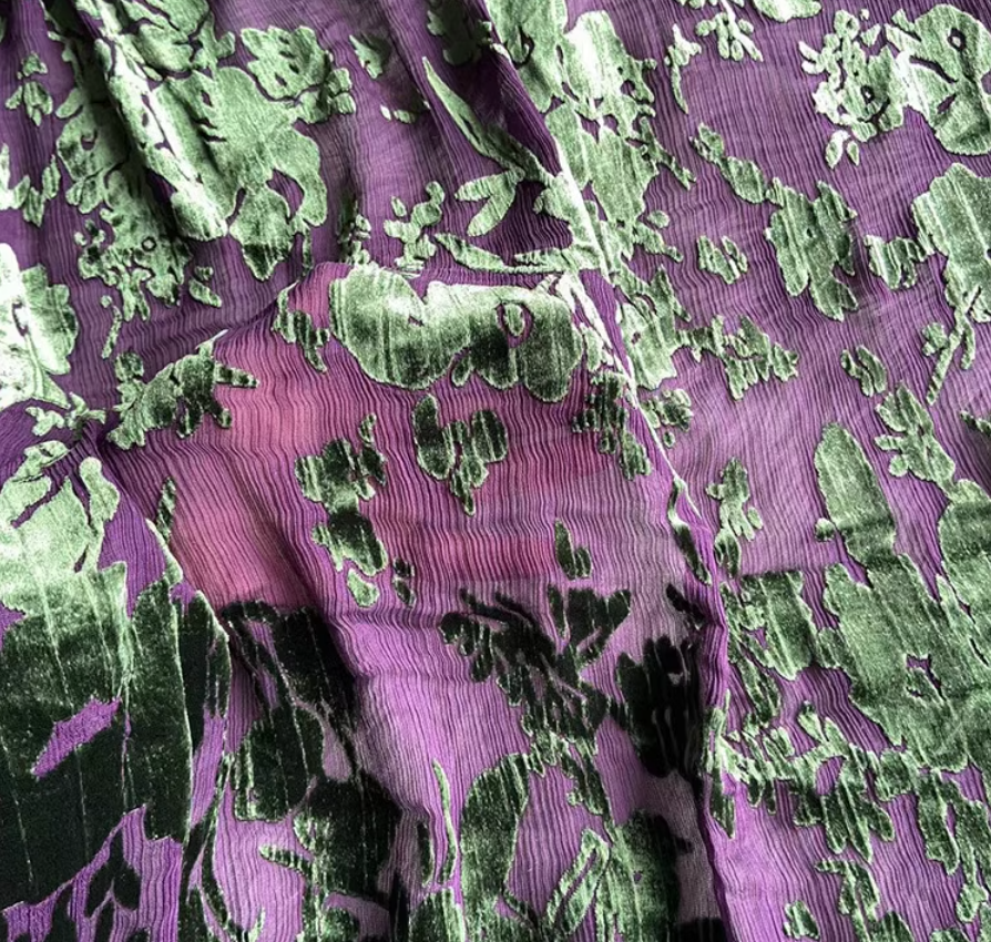 VTOUSH - Purple Base and Green Floral Burnout Pattern Paisley Printing Silk Velvet Fabric - 120cm wide by the Yard