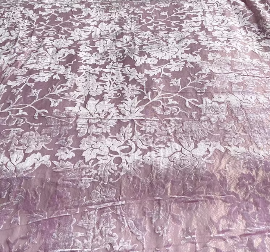 BVTFENZSE - Pinkpurple Floral Semi-Sheer Metallic Gold Burnout Silk Velvet Fabric - 140cm wide by the Yard