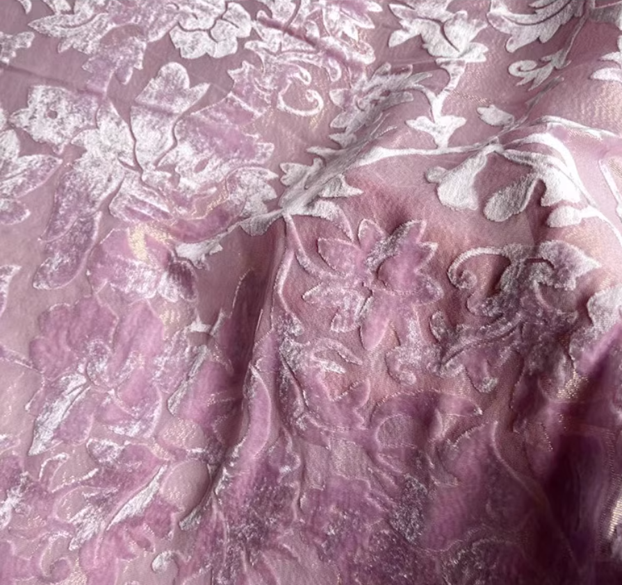 BVTFENZSE - Pinkpurple Floral Semi-Sheer Metallic Gold Burnout Silk Velvet Fabric - 140cm wide by the Yard