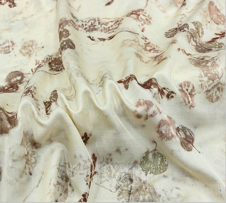 PLANT - 19 Momme Handmade Plant Dye and Leaves Rubbing Eco Friendly Nature Tussah Silk Fabric - 135cm wide By the Yard