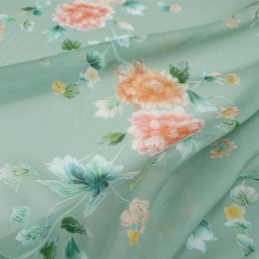 JFHLDH - 9 Momme Green-based Floral Print Silk Georgette Fabric - 137cm wide by the Yard