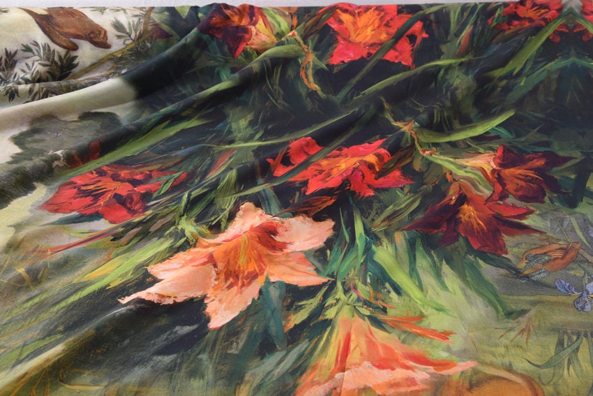 LUBAIHE - Deer and Lilies Print Silk Crepe de Chine Fabric fixed size 140cm x 118cm - 4 fixed sizes