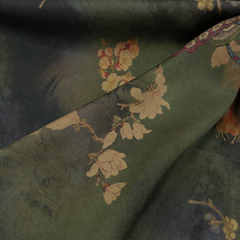 DIEXIMD - 28 Momme Peony Butterfly Print Double-Sided Satin Mud Silk Fabric - 108cm wide by the Yard
