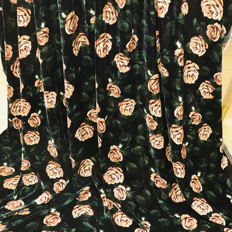 ZSRMJR - 55 Momme Dark Green Background with Flesh-toned Rose Pattern Printed Mulberry Silk Velvet Fabric - 140cm wide by the Yard