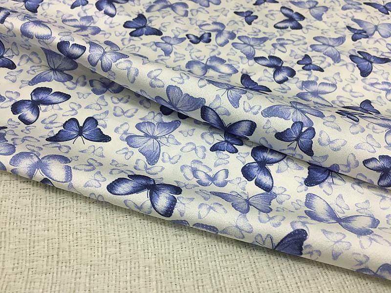 QICIDI - 19 Momme Celadon Butterfly Print Stretch Charmeuse Silk Satin Fabric - 135cm wide by the Yard