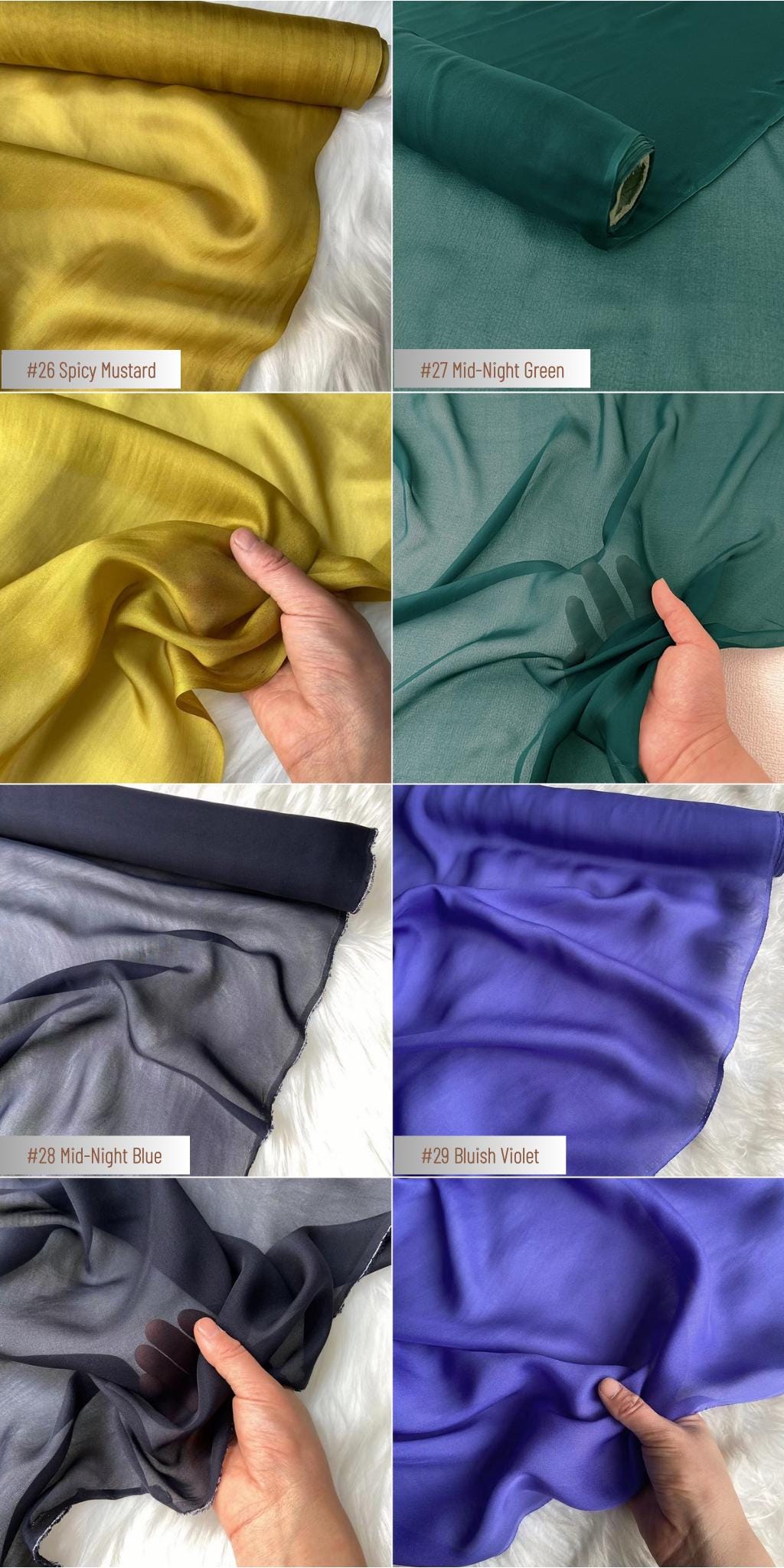 34 Solid Colors - 8 momme Silk Chiffon Fabric - 140cm wide by the Yard