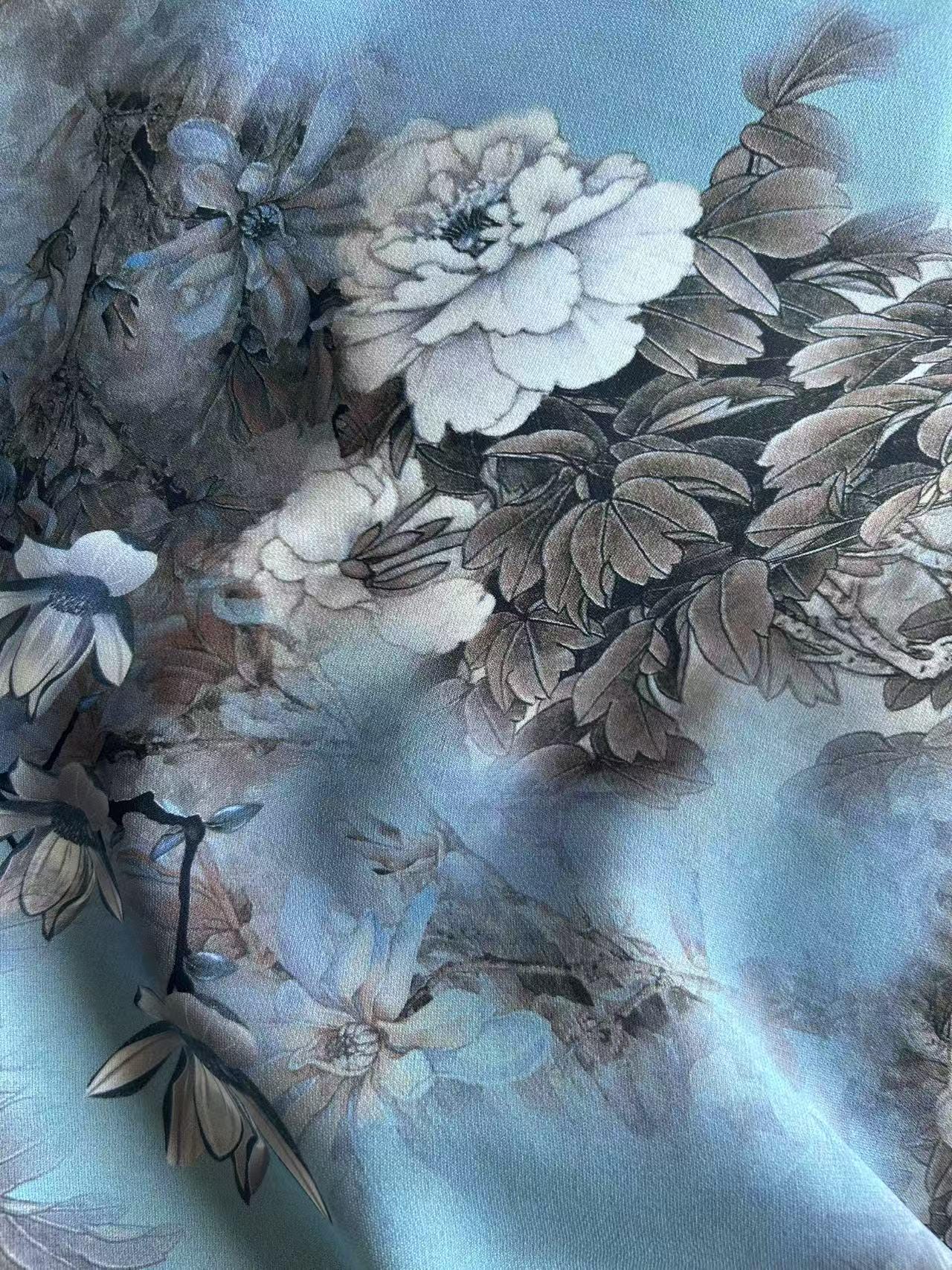 LHMUDSS - 38 Momme Both-sides-printing Peony Heave Georgette Silk Fabric - 138cm by the yard