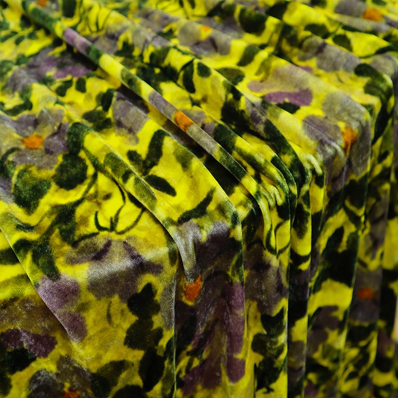 ZSRHYZ - 55 Momme Golden Yellow Background with Dark Green Floral Pattern Printed Mulberry Silk Velvet Fabric - 140cm wide by the Yard