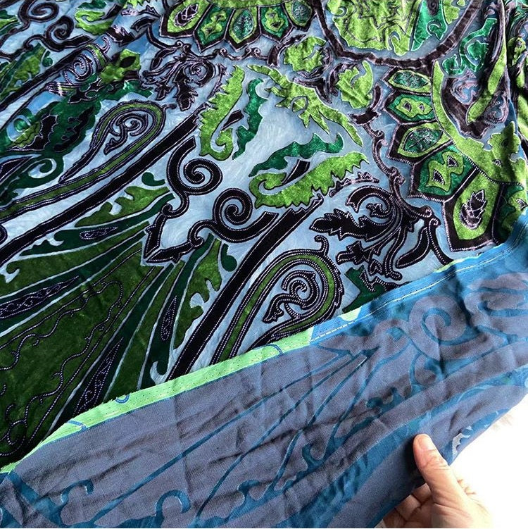 CQILVS - Soft Semi-sheer Green Paisley Printing Silk Velvet Fabric - 110cm wide by the Yard