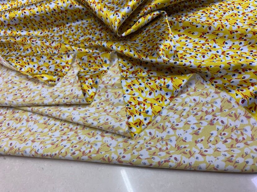 YELSUA - 19 Momme Yellow Background with Small Florals Pattern Digital Print Stretch Silk Satin Fabric - 135cm wide by the Yard