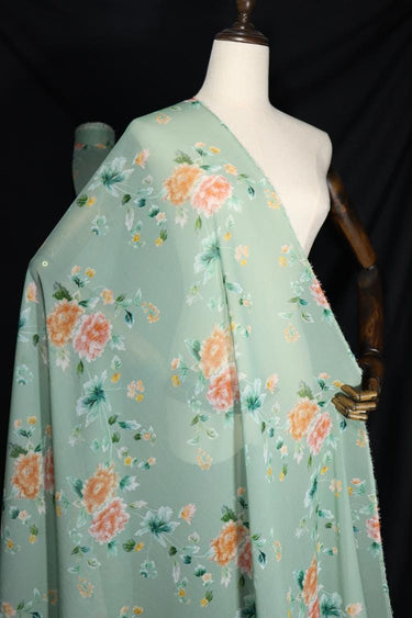 JFHLDH - 9 Momme Green-based Floral Print Silk Georgette Fabric - 137cm wide by the Yard