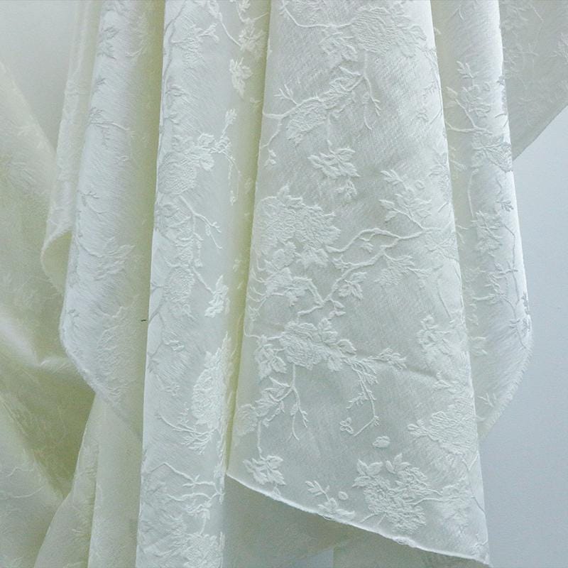 ZHIJIN - Handmade Cashew flower Pattern Jacquard Natural Mulberry Silk Wool Plant Dyed Silk Wool Satin Fabric - 138cm by the Yard