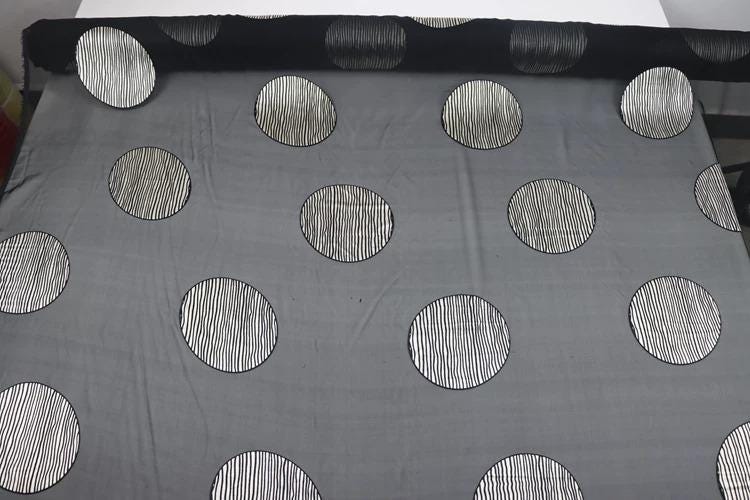 a close-up view of a fabric with a repeating pattern of black and white polka dots.