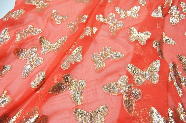 JINDIE - Golden Thread Weave Sheer Silk Crinkled Georgette Fabric - 114cm wide by the Yard