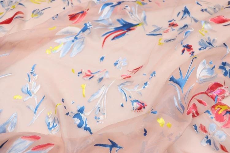 The image is a close-up of a fabric with a floral pattern in various colors, including pink, blue, and yellow.
