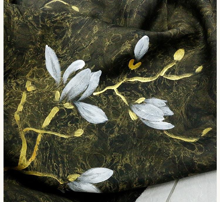 XGWSPD - 25 Momme Hand-Painted Magnolia Silk Plain Satin with Cracked Xiangyunsha Fabric - 110cm by the Yard