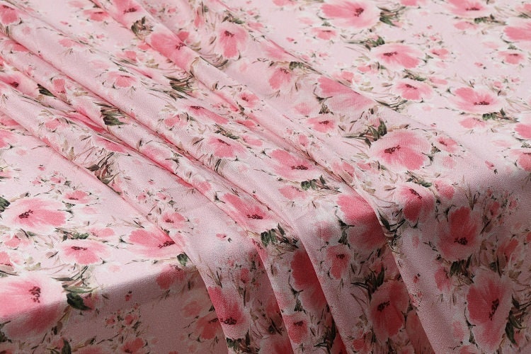 KFSYX - 8 Momme Pink floral print Silk Crepe de Chine Fabric - 138cm by the Yard