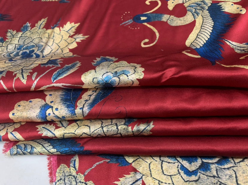 KOQHUA - 19 Momme Peacock Flowers Pattern Digital Print Stretch Silk Satin Fabric - 108cm wide by the Yard