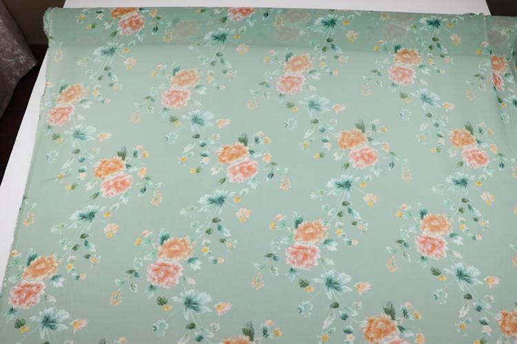 JFHLDH - 9 Momme Green-based Floral Print Silk Georgette Fabric - 137cm wide by the Yard