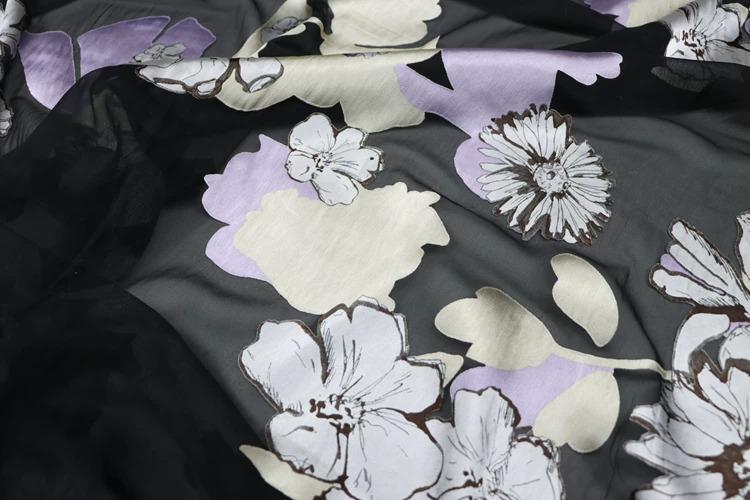 JFHHDHR - Silk Devore Satin Fabric, 16 Momme Black Burnout Big Floral , 130 cm Wide by the Yard