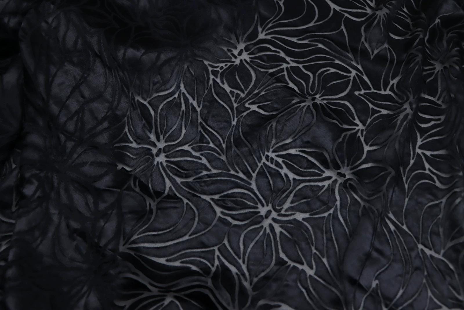 a close-up view of a black fabric with a repeating pattern of white floral designs.