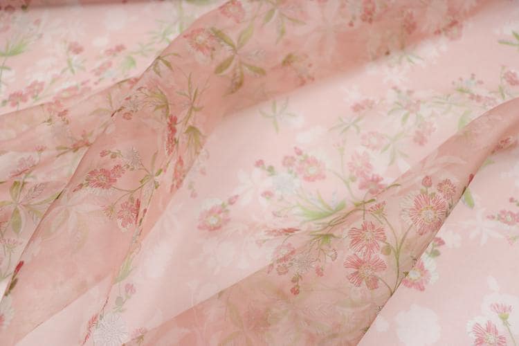 JFHOGT - 6 Momme Blue Silk Organza with Floral Print Silk Fabric - 137cm wide By the Yard