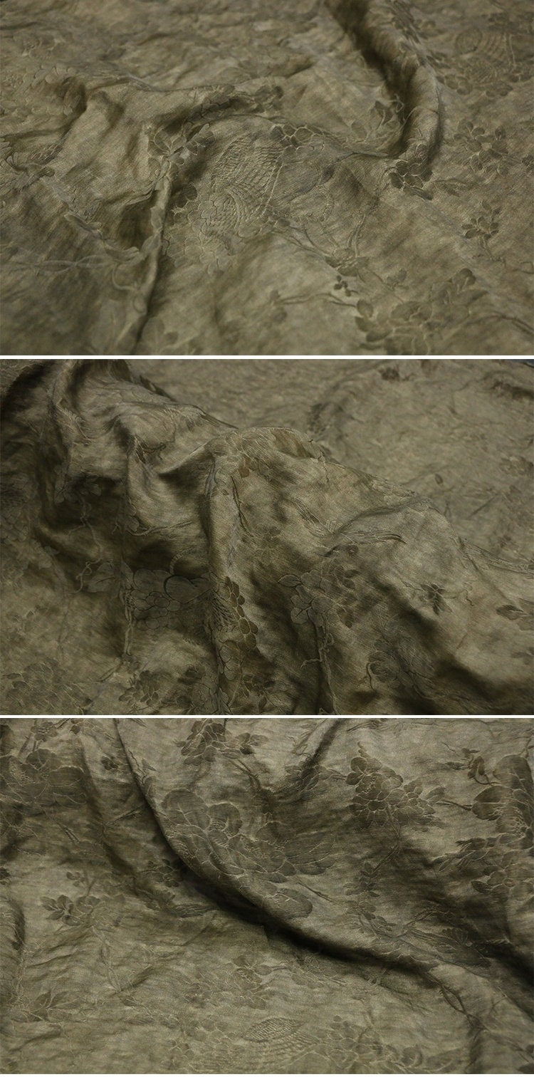 SILHEM - Vintage Distressed Silk Jacquard Linen Blend Jacquard Gambiered Ganton Mud Silk Fabric for designers - by the Yard