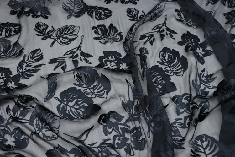 SHUYE - Black Leaves Print Sheer Burnout Silk Devore Satin Fabric - 140cm wide by the Yard