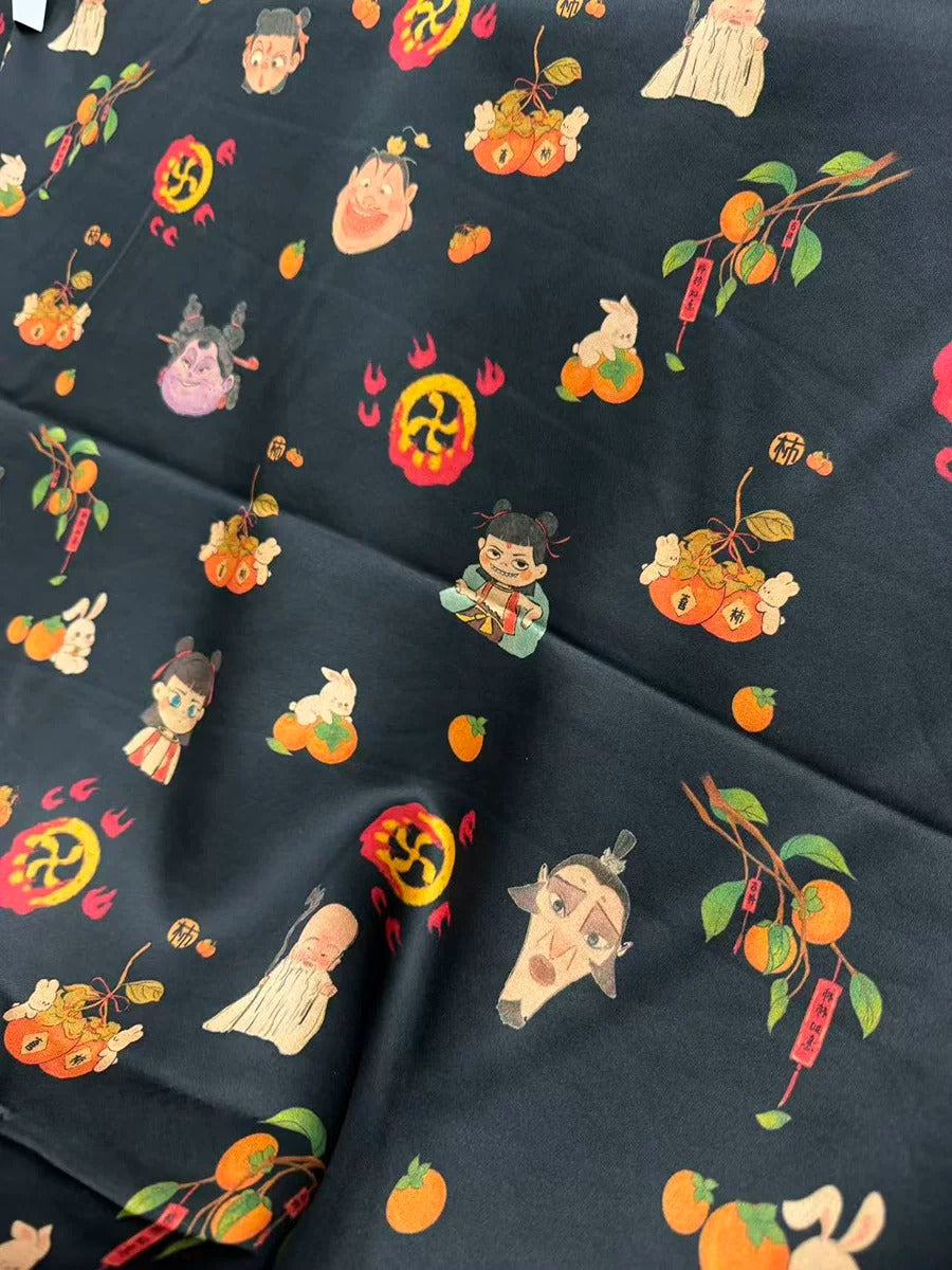 The image is a close-up of a fabric with a repeating pattern of various cartoon-style characters and objects, including people, animals, and fruits.