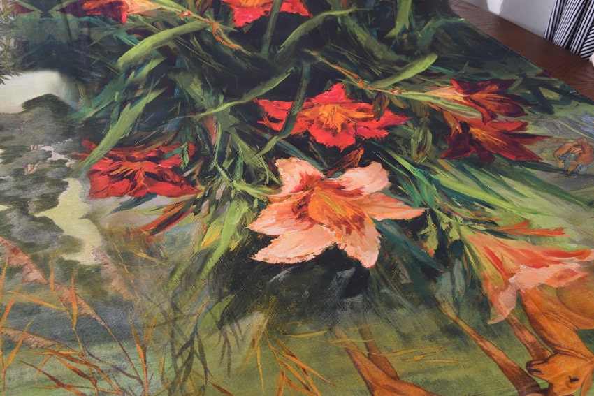 LUBAIHE - Deer and Lilies Print Silk Crepe de Chine Fabric fixed size 140cm x 118cm - 4 fixed sizes