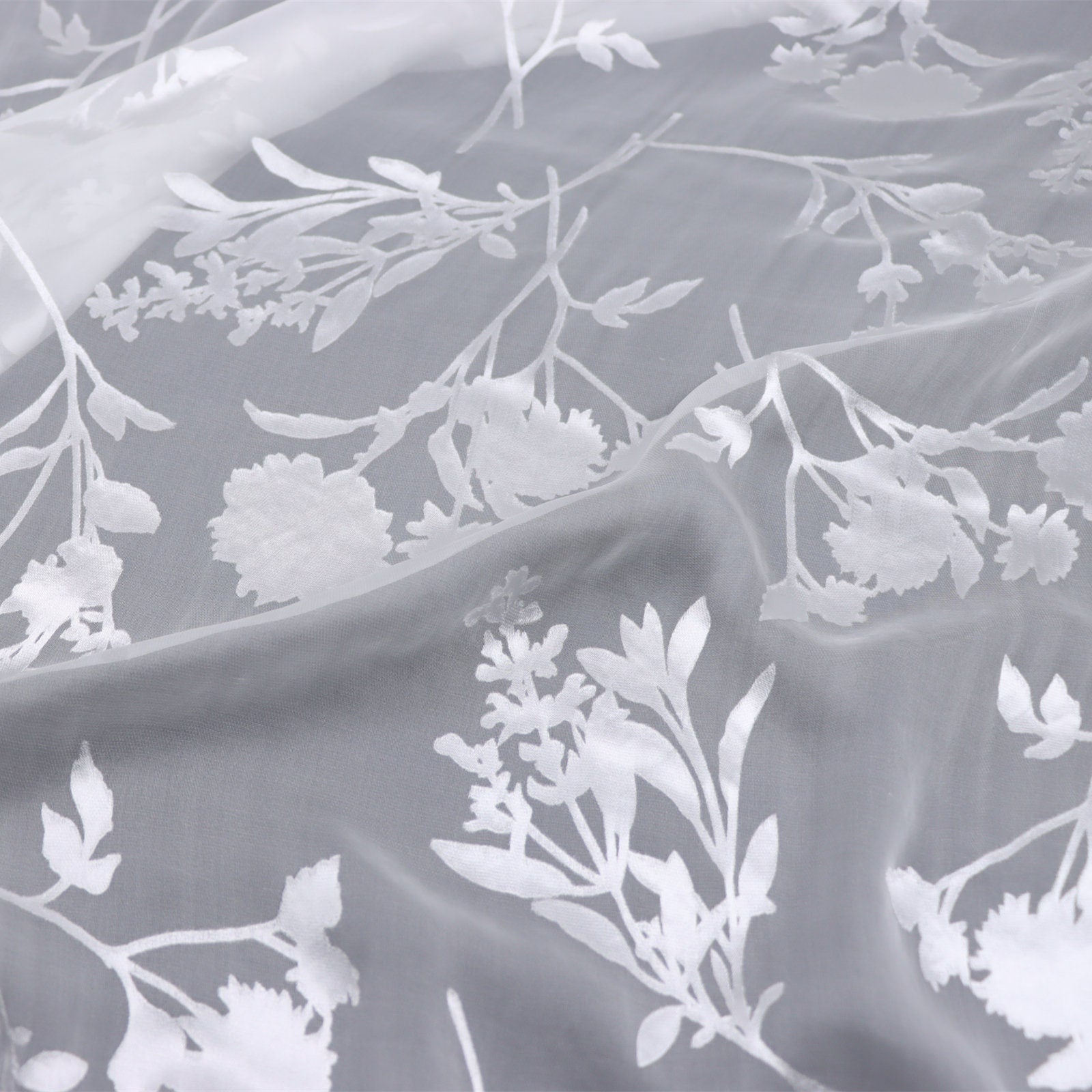 XLUZHI - 10 Momme White Flowers Sheer Burnout Silk Devore Satin Fabric - 140cm wide by the Yard