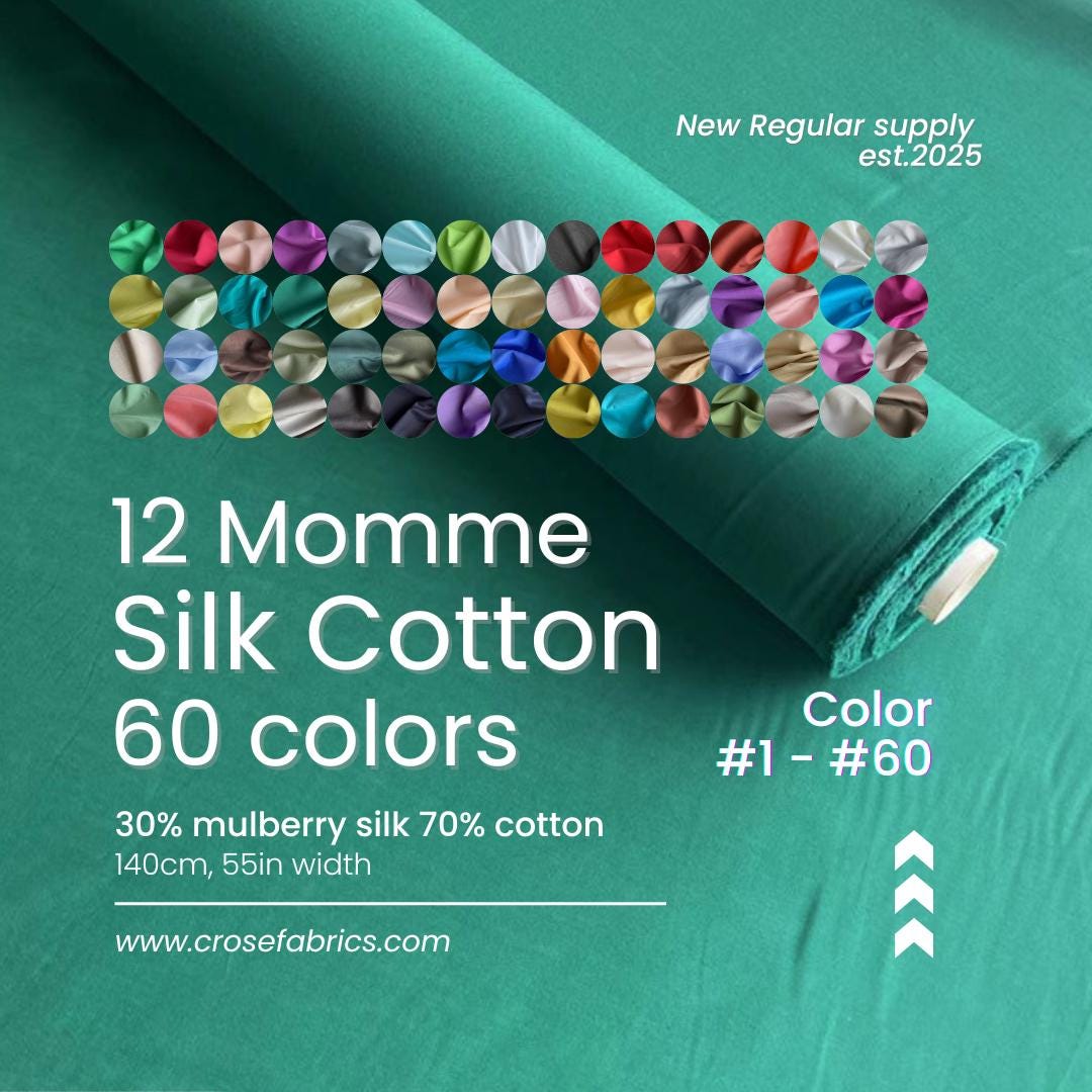 Silk Cotton fabric, 12 momme 140cm wide by the Yard, 60 solid colors
