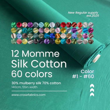 Silk Cotton fabric, 12 momme 140cm wide by the Yard, 60 solid colors