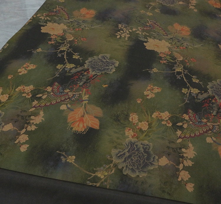 DIEXIMD - 28 Momme Peony Butterfly Print Double-Sided Satin Mud Silk Fabric - 108cm wide by the Yard