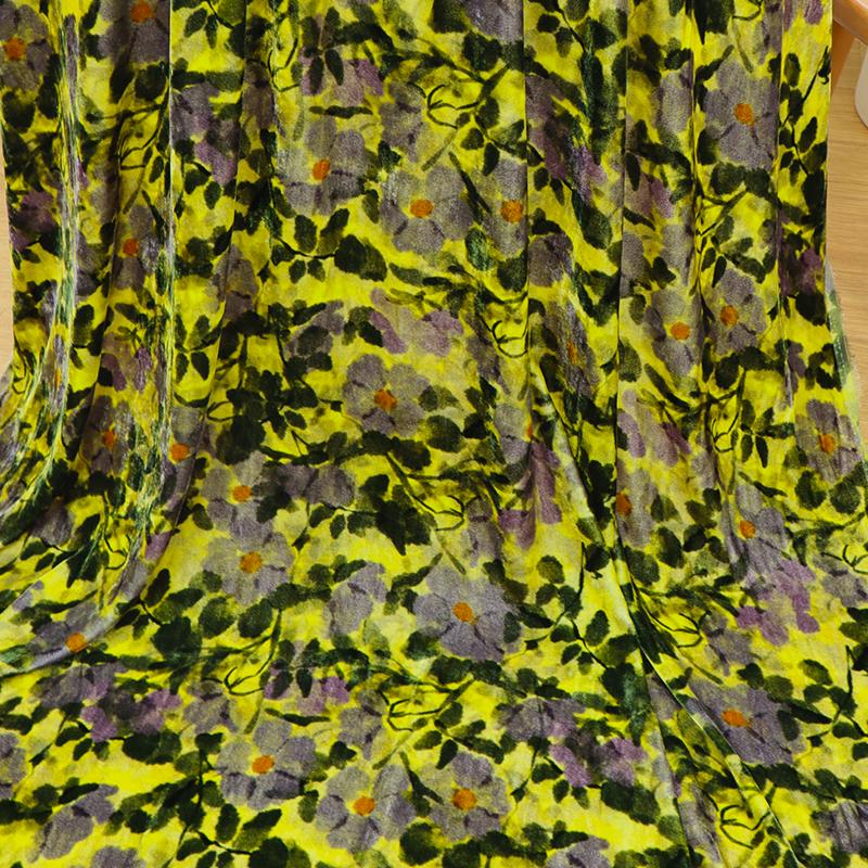 ZSRHYZ - 55 Momme Golden Yellow Background with Dark Green Floral Pattern Printed Mulberry Silk Velvet Fabric - 140cm wide by the Yard