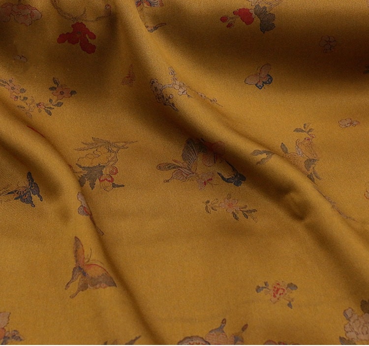 HUDH - 35 Momme Butterfly Flower Print Double-Sided Satin Mud Silk Fabric - 105cm wide by the Yard