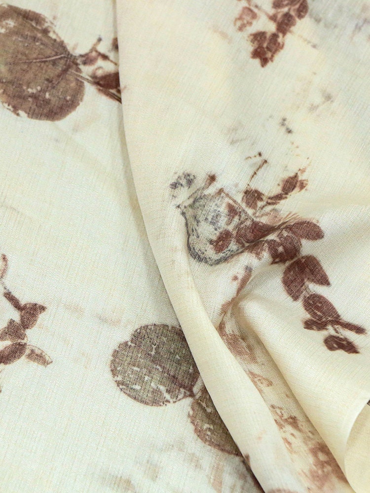 PLANT - 19 Momme Handmade Plant Dye and Leaves Rubbing Eco Friendly Nature Tussah Silk Fabric - 135cm wide By the Yard
