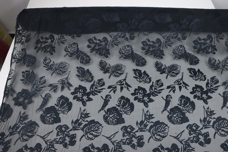 SHUYE - Black Leaves Print Sheer Burnout Silk Devore Satin Fabric - 140cm wide by the Yard