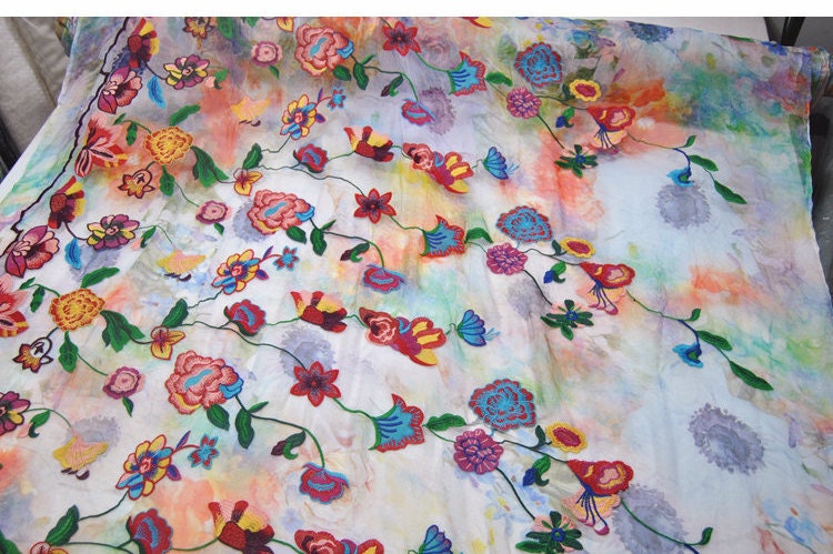 XIUAHA - Embroidered silk crinkled chiffon, multicolored flower, 53"/135cm 5.5mm, fashion silk fabric Dresses, skirts, carves, by the yard