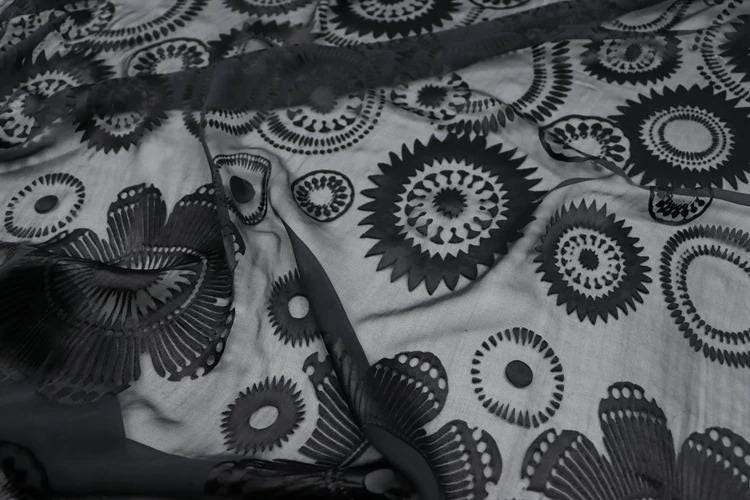 a close-up view of a black and white fabric with a repeating pattern of circular and floral designs.